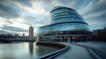 Naklejka premium London City Hall and the Thames at Dusk: A Stunning Architectural Landscape