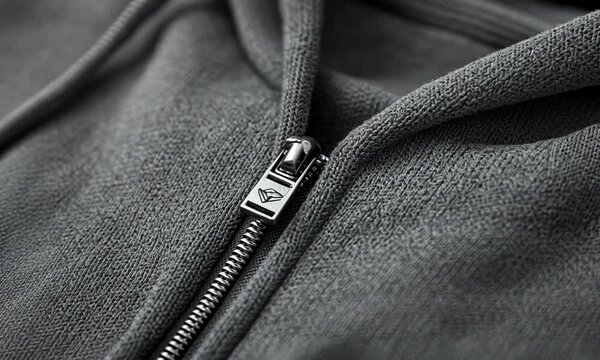 Close-up of a gray hooded sweatshirt zipper with subtle branding