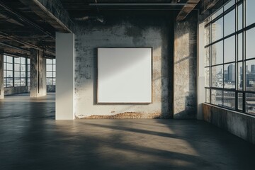 Blank canvas mockup in a large, industrial loft space with sunlight streaming through large windows.