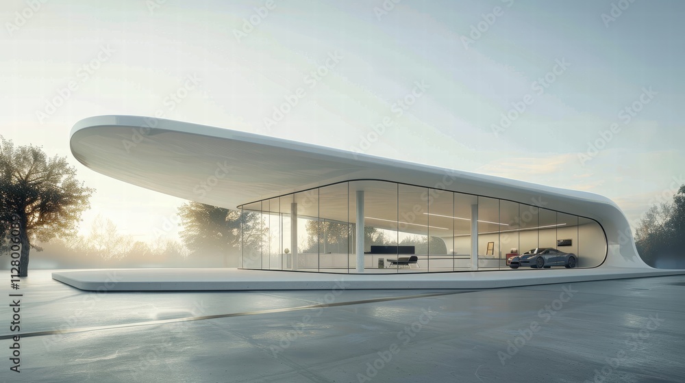 Poster modern architectural design of an elegant display space with vehicle