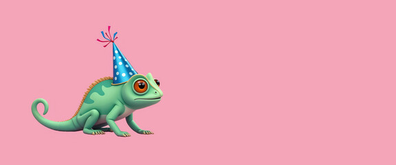 Obraz premium Chameleon with large orange eyes, wearing a festive blue party hat with white polka dots on pink background.Playfulness. Celebration. Fun.Poster, greeting card, flyer, template, web design, festive