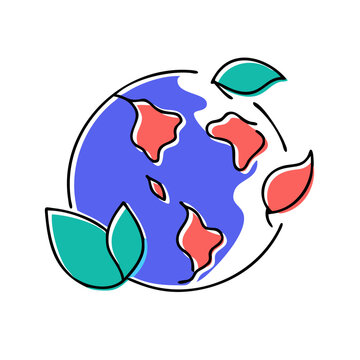 Simple line illustration of Earth with leaves, symbolizing environmentalism and sustainability.Vector icon of planet Earth for website design