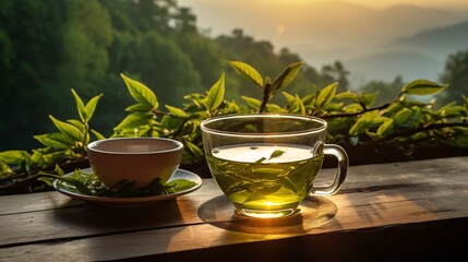 Green tea leaves and a sunrise view from a forest path
