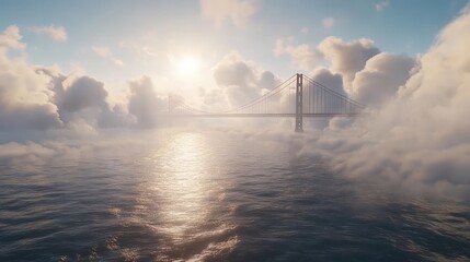 Suspension bridge above clouds, sunlit ocean.