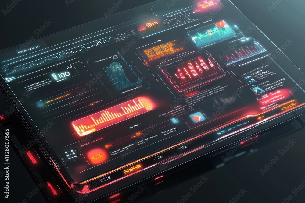 Poster futuristic transparent tablet displaying vibrant data graphs and charts with red and orange hues on 