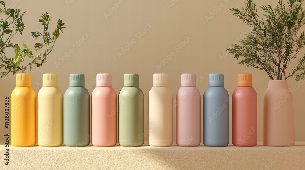 Poster assorted colorful bottles on minimalist shelf with plants
