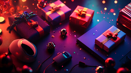 Brightly wrapped gifts and tech accessories create festive atmosphere