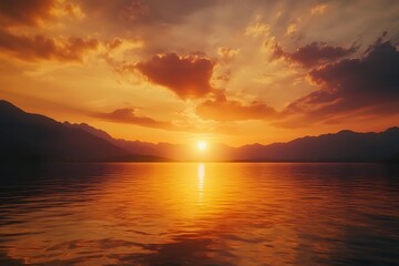 Fototapeta premium A serene sunset over a calm lake surrounded by mountains, reflecting warm hues.