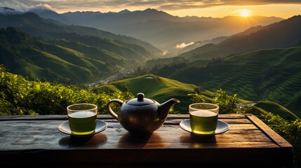 A tea set with green tea and a sunrise over a lush green valley