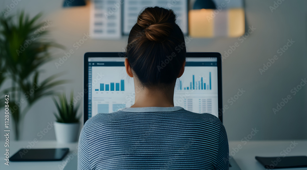 Poster a woman analyzes data on a computer, surrounded by plants in a modern workspace, focusing on graphs 