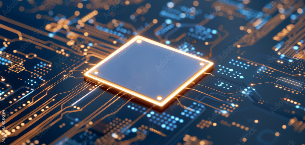 Poster A close-up of a microprocessor on a circuit board, showcasing intricate electronic pathways and glowing connections.