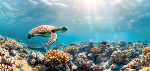 A vibrant underwater scene featuring a sea turtle swimming gracefully among colorful coral reefs illuminated by sunlight.