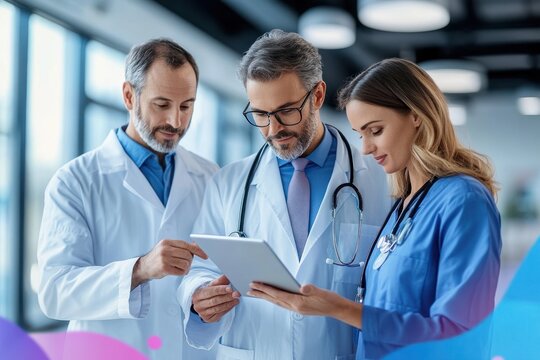 Pharmaceutical sales representative presenting medication to doctors in modern healthcare setting with nurse and manager using tablet