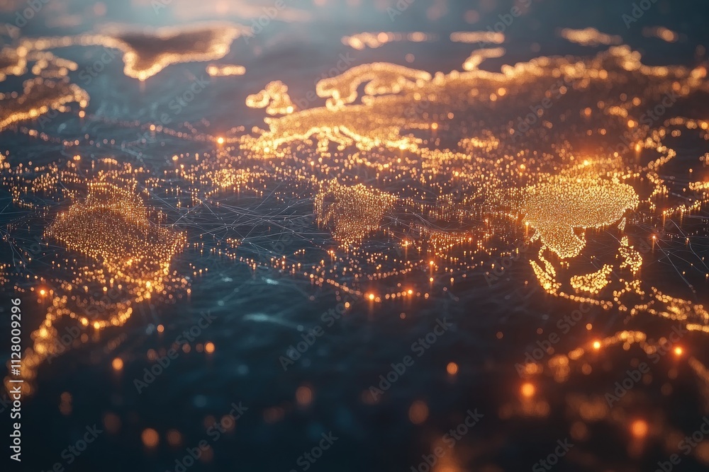 Poster global network connections illuminated on a dark world map.