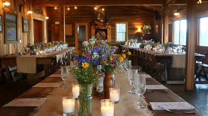 Rustic wedding reception setup with flowers, candles, and wooden decor