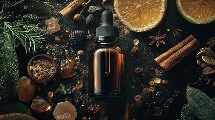 High-quality ad of premium beard oil with dark amber bottle, natural ingredients, and sleek design
