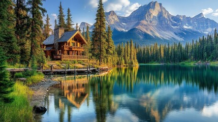 Mountain Lake Cabin Scenic View Majestic Landscape