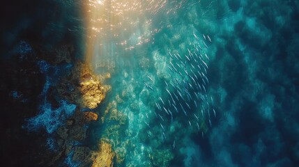 Obraz premium Aerial view of fish school swimming over vibrant coral reef.