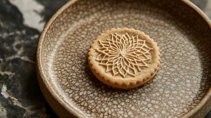 beautifully decorated cookie with intricate icing on textured plate