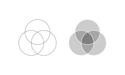 Grey three intersecting circles, Venn Diagram, Overlapping Circles.