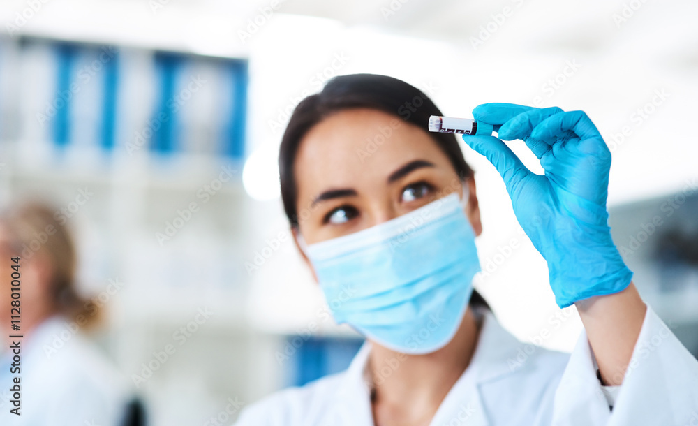 Poster science, research and woman with mask, sample for testing and forensic lab with confidence. face cov