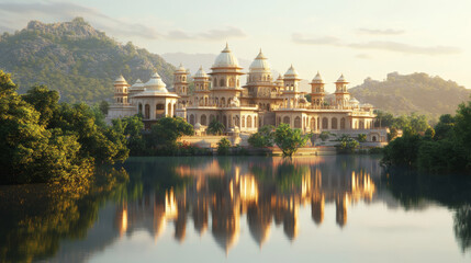 Fototapeta premium majestic Indian palace surrounded by lush greenery and reflected in serene lake, with backdrop of rolling hills under soft, golden light