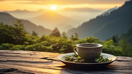 Green tea in a ceramic cup with morning dew and the sun peeking over the horizon