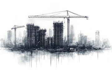 under construction site engineering with tower crane architecture civil 3D illustration line
