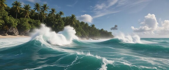 Fototapeta premium Remote part of the Caribbean coast with dramatic waves, nature, coast, waves