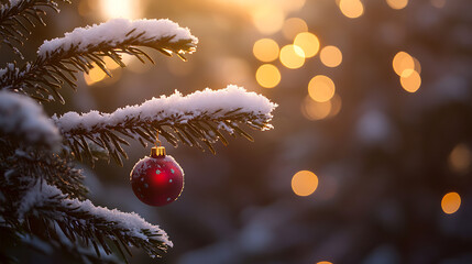 snow dusted Christmas tree branch with red ornament glistens