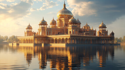 Obraz premium majestic palace with golden domes and intricate carvings reflects beautifully on serene lake under warm, golden sunset, evoking sense of grandeur and tranquility