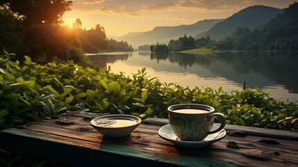 A peaceful morning scene with green tea and a sunrise over a tranquil lake