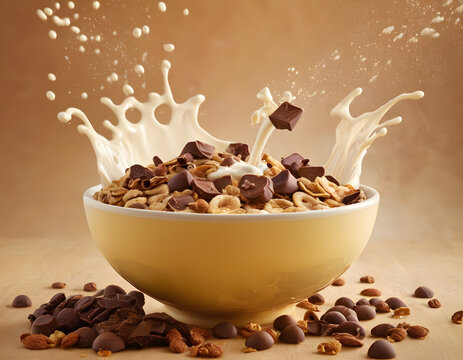 Dynamic Cereal Bowl with Chocos and Splashing Milk