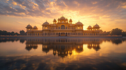 Fototapeta premium stunning sunrise view of ornate palace mirrored in calm lake, surrounded by serene landscape and glowing golden light, creating tranquil and majestic atmosphere