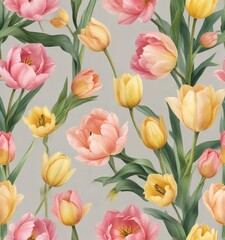Obraz premium Repeat background featuring delicate and intricate pink and yellow tulip flowers in watercolor style, beautiful design, floral arrangement, spring bloom