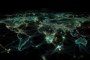 Global network connection, digital world map with glowing nodes and lines.