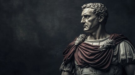 Stone bust, Roman emperor, draped toga, serious gaze.