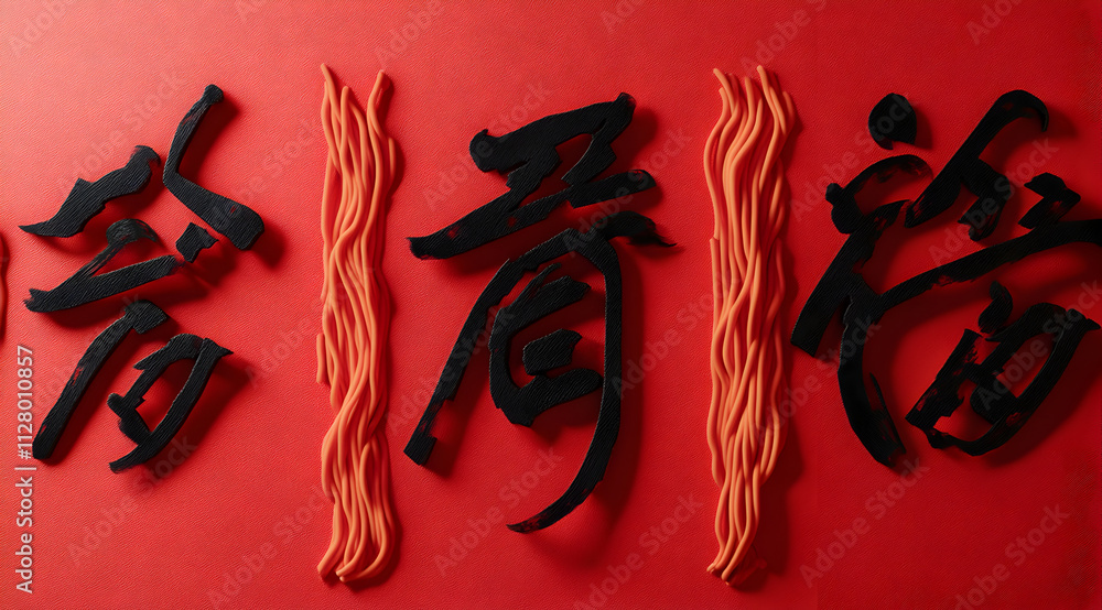 Wall mural The image features stylized Chinese characters in black and red, set against a red background, conveying a vibrant cultural theme.