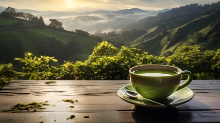 A serene sunrise with a cup of green tea and misty green hills