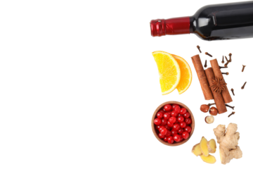 PNG, Mulled wine, bottle of wine with ingredients, isolated on white background