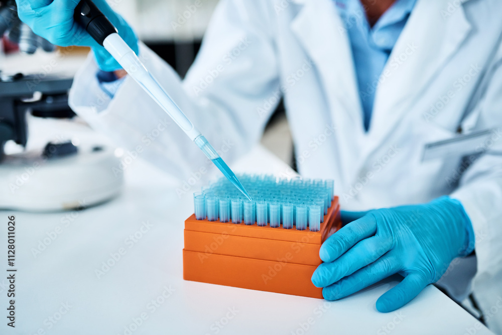 Poster scientist, hands and vials with dropper for experiment, test or exam with gloves on desk at laborato