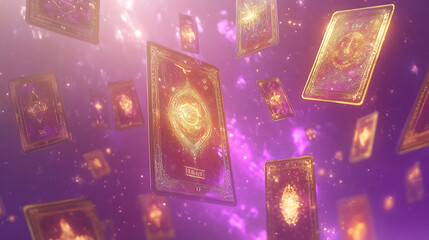Surreal tarot cards floating in mystical purple background