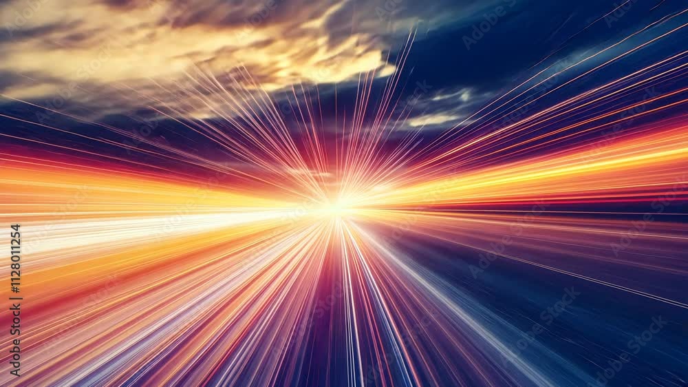 Poster Abstract light speed motion of vibrant colors in dynamic sunset sky, futuristic concept