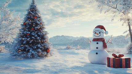 Obraz premium Snowman, Christmas tree, and gift box in a snowy scene, with open space for captions-2