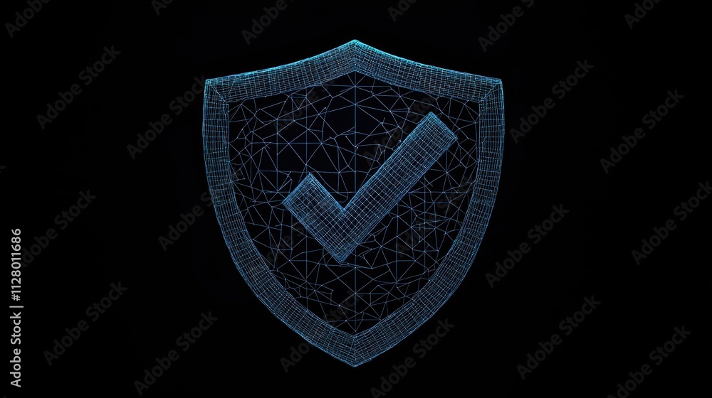 Poster digital wireframe security shield with checkmark symbol illustration
