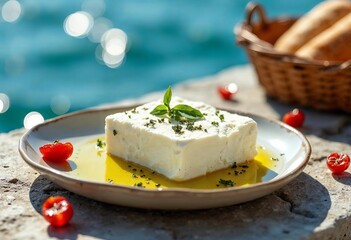 Fresh feta cheese drizzled with olive oil and garnished with herbs and cherry tomatoes by the seaside
