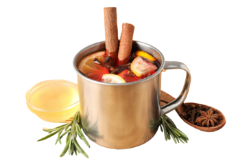PNG, Mulled wine, drink in a glass with ingredients, isolated on white background