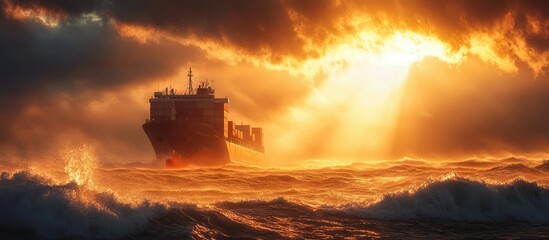 Majestic Cargo Ship Braving Stormy Seas at Golden Sunset