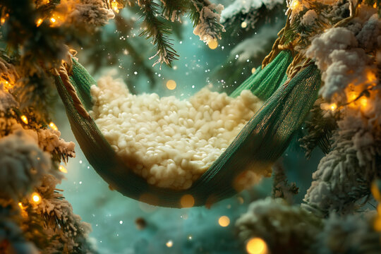 Cozy hammock filled with soft materials suspended in a snowy forest setting at dusk Newborn backdrop