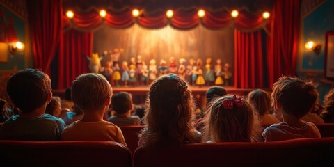 Children Watching Puppet Show in Vintage Theater with Warm Spotlight and Red Curtains